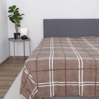 A blanket is laid out on a bed, next to a nightstand with a plant and a lamp.