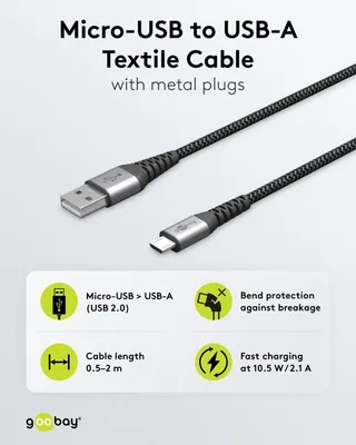Produktbild von Goobay Micro-USB-auf-USB-A-Textilkabel mit Metallsteckern (spacegrau/silber), 2 m