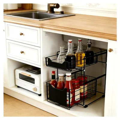 Produktbild von Küchenunterschrank Organizer, 2-stöckiges Teleskopregal für Küche und Bad, Metall Organizer für Küchenschrank, 37,4 × 28,2 × 44 cm, max. 10 kg