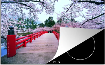 Produktbild von KitchenYeah© Herdabdeckplatte Kirschblütenbäume an einer roten Brücke in Japan , 80x52cm, Küche Deko, Glaskeramikkochfeld Herdabdeckung, Abdeckplatte fùr Kochfeld