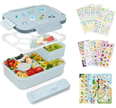 Zdjęcie produktu dla Pudełko na jedzenie dla dzieci z przegródkami, pojemność 1300 ml, szczelne, lunchbox z zestawem sztućców, 6 przegródek, niebieskie