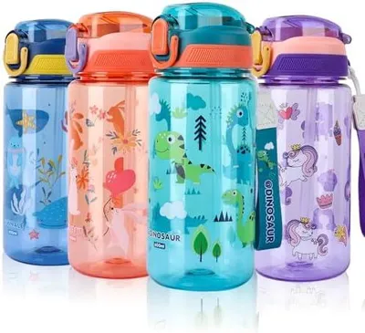 Produktbild von Trinkflasche Kinder, 600ml Kindertrinkflasche mit Strohhalm, BPA-freie Kinder-Wasserflaschen, Sportwasserflasche mit Auslaufsicherem Flip-Top-Deckel für Mädchen und Jungen (GREEN Dinosaur)