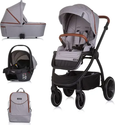 Produktbild von Chipolino Kombikinderwagen 3 in 1 Prestige Babywanne Rucksack i-Size Babyschale grau