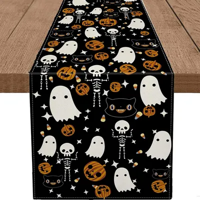 Produktbild von Halloween-Tischläufer aus Leinen, Tischdekoration für Zuhause, Dekoration für Feiertage