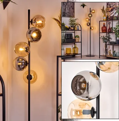 Produktbild von Cesaro Stehlampe Metall/Glas in Schwarz/Bernstein/Chrom/Rauch, Retro-Design