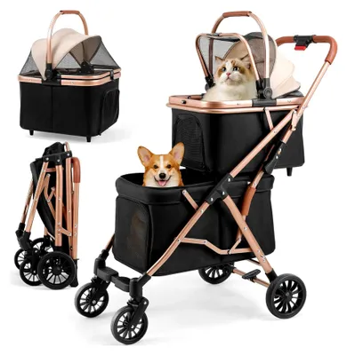 Produktbild von Doppelter Hundebuggy für Haustiere bis 15 kg, faltbar, 2 Etagen, mit 4 verschleißfesten PolyurethanRädern, Hundebox Transporttasche, Schwarz