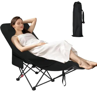Produktbild von Tragbarer Outdoor Stuhl - Klapp Liegestuhl - Mit Beinauflage - Camping und Strand - Metallgestell - Faltbar mit Tragetasche - Schwarz