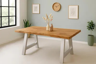 Produktbild von Esstisch Baumkante Akazie massiv 50mm Natur 120 x 80 cm A-Gestell silber CALI