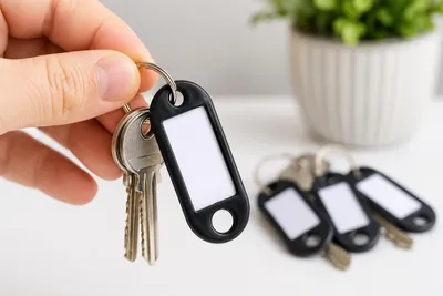 Produktbild von 2er Pack Schlüsselanhänger zum Beschriften Einfarbig - Schwarz - Schlüsselschilder mit Ring beschriftbar | Schlüsselring zum Beschriften | Schlüsselring Kunststoff mit auswechselbaren Etiketten
