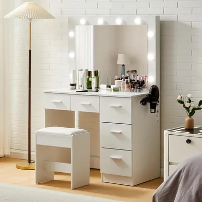 Productafbeelding van Make-uptafel met verlichting, stopcontacten en krukje, met 5 lades, Hollywood-spiegel met 3 kleurmodi, afmetingen 92x45x140 cm