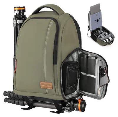 Image de TARION : Sac à dos pour appareil photo, léger, avec compartiment pour ordinateur portable de 15 pouces, couleur verte