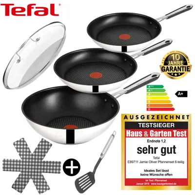 Produktbild von Tefal E76 Jamie Oliver Pfannenset Induktion 6 TLG- Geschenkset 12- hohe Wokpfanne mit Deckel 28cm, Pfanne 28 cm + 24cm, Edelstahl rostfrei