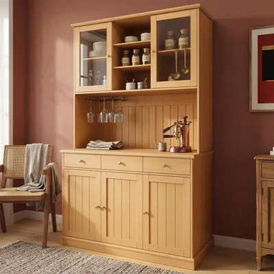 Produktbild von Flieks Küche Hochschränke mit Usb, Küchenschrank Buffetschrank mit Glastüren und Gläserhalter, Küchenbuffet 120x40x191cm, Naturfarbe