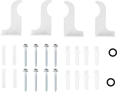 A set of white radiator brackets and mounting hardware, including screws and wall plugs, arranged on a white background.