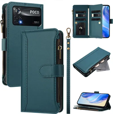 Image de Etui pour Xiaomi Poco X4 Pro 5G, zippé, étui portefeuille en cuirPolyuréthaneavec poches pour cartes, support et boucle pour la main vert