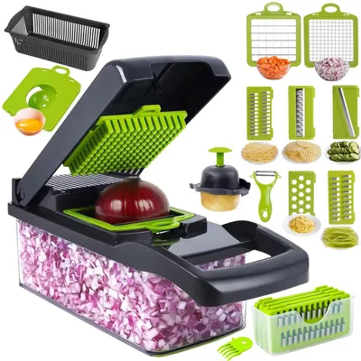 Produktbild von 16-in-1 Multifunktions-Gemüseschneider mit austauschbaren Edelstahlklingen, Reibe, Allesschneider, Zerkleinerer und Sicherheitszubehör