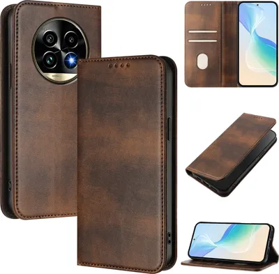 Obrázek produktu pro Pouzdro pro Realme 13 Pro/Realme 13 Pro+, vintage kožené pouzdro s RFID ochranou, přihrádkami na karty, stojánkem Hnědý