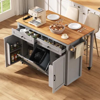 Immagine prodotto di Isola mobile da cucina con ruote, piano estendibile, mobiletto con prese elettriche, dimensioni 120x40x92 cm, colore grigio