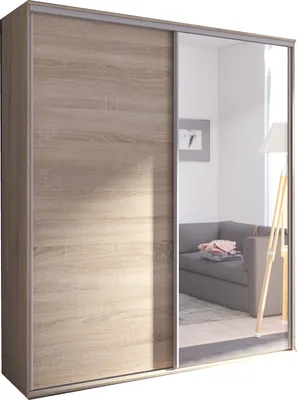 A large, spacious wardrobe with sliding doors and mirrors, reflecting a living room interior.