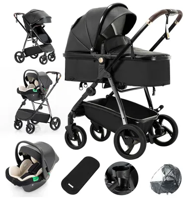 Immagine prodotto di Carrozzina 3 in 1 – Combinata passeggino/ovetto – Adatta fin dalla nascita fino a 20 kg – Con vaschetta per neonato – Rivestimento in ecopelle – Pieghevole – Colore: nero