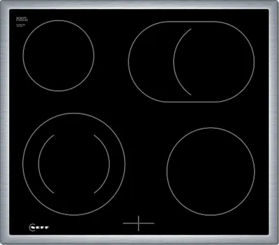 A black electric hob with four cooking zones, set within a silver frame.