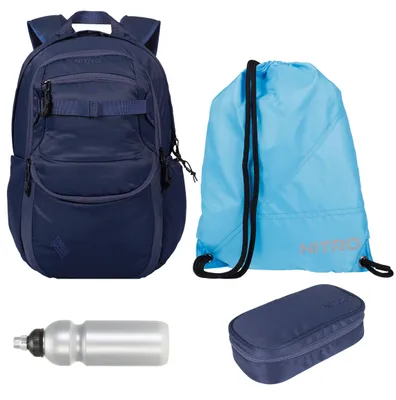 Produktbild von Schulrucksack Jungen Schultasche 4 Teile Set Nitro Future Hero Rucksack inkl. Mäppchen Box, Sportbeutel, Trinkflasche dunkelblau blau Night Sky +rtmf