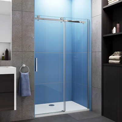 A modern bathroom with a shower enclosure, sink, and shelving unit.