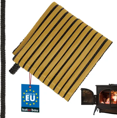 A product shot of fireplace sealant tape and a small wood-burning stove.