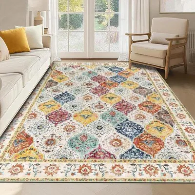 Productafbeelding van Ibenzoa® Tapijt – Laagpolig, bohemien vloerkleed, 90x150 cm, 100% polyester, 10 mm poolhoogte, TPR antislip, machinewasbaar tot 30°C