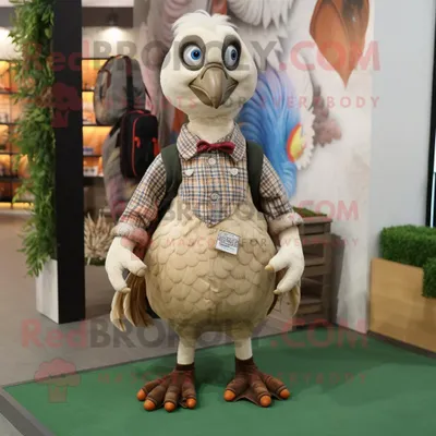 Produktbild von Beigefarbener REDBROKOLY Pfau Maskottchen Kostüm gekleidet mit einem Flanellhemd und Schlüsselanhängern