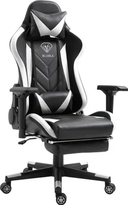 Produktbild von Gaming Stuhl mit Fußstütze und ergonomsichen 4D-Armlehnen gaming chair in ergonomischer Sportsitz Optik Gamer Stuhl mit verstellbaren Rückenstützkissen Bürostuhl,Farbe:Schwarz/Weiß