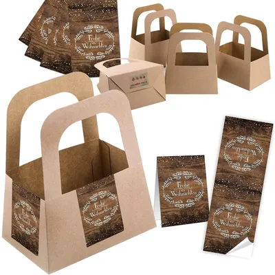 Produktbild von 5 kleine Geschenkkörbe aus Kraftpapier + 10 Weihnachtsaufkleber braun - Verpackung Kundengeschenke Weihnachten