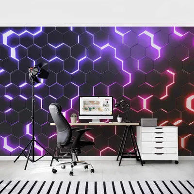 Produktbild von Fototapete Muster - Vliestapete - Bildtapete UV-beständig Geometrisch schwarz 3D-Effekt Neon Art Wandtapete geruchsfrei
