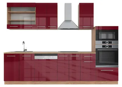 Obrázek produktu pro Kuchyňský kout Vicco Fame-Line Bordeaux vysoký lesk/zlatý dub 300 cm s vysokou skříní, bez pracovní desky, Model 38652