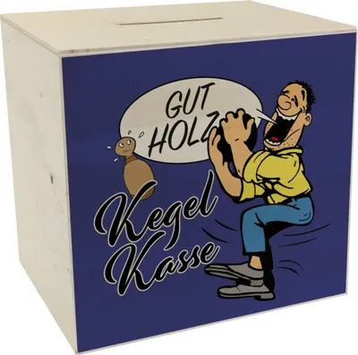 Produktbild von Kegelkasse Spardose aus Holz Gut Holz in blau mit lustigem Kegelspieler Motiv