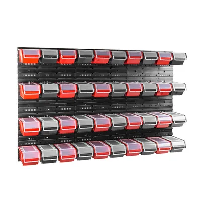 A wall-mounted storage system with multiple bins.