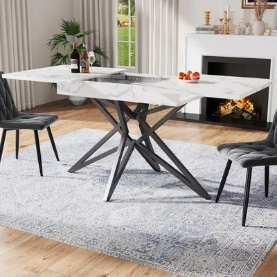 Image de MODFU Table à Manger Extensible - Table Rectangulaire avec Plateau MDF et Pieds Métal, Idéale Cuisine, 120-160×80×66,1 cm, Blanc