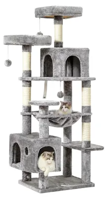 Produktbild von Großer Kratzbaum für Katzen, stabil, mit 2 Plattformen, 2 Höhlen, Hängematte, Sisalsäulen, mehrstöckiger Kletterbaum (Hellgrau, 160 cm)