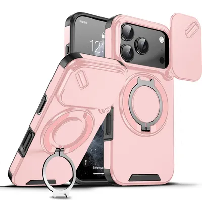 Immagine prodotto di Custodia a doppio strato per iPhone 17 Pro, con copertura scorrevole della fotocamera e supporto ad anello magnetico Rosa