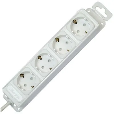 A white power strip with four outlets is shown against a white background.