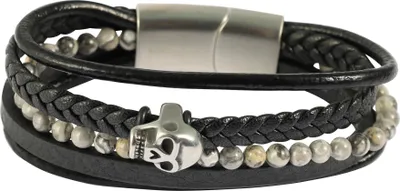 Produktbild von "Lennie" Totenkopf, Armband aus Kunstleder mit grauem Jaspis, 4-VE
