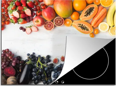 Produktbild von KitchenYeah© Herdabdeckplatte Obst - Regenbogen - Erdbeere - Weintrauben - Papaya , 58x51cm, Küche Deko, Glaskeramikkochfeld Herdabdeckung, Abdeckplatte fùr Kochfeld