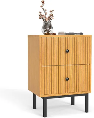 Imagen del producto de Mesita de noche con 2 cajones, mueble auxiliar de madera, mesita de noche moderna con patas de metal, mesa auxiliar para dormitorio, salón, oficina, 40x30x58 cm