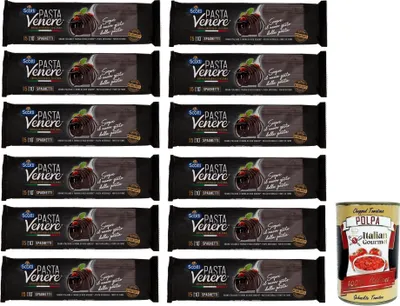 Produktbild von 12x Riso Scotti Pasta Venere Spaghetti,Pasta aus Hartweizengrieß und Schwarzem Venere-Vollkornreismehl,Packung mit 400g + Italian Gourmet Polpa di Pomodoro 400g Dose