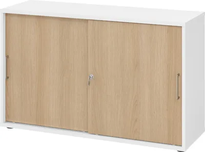 Produktbild von bümö Schiebetürenschrank office - 2 Ordnerhöhen - Griff: Bügelgriff (Metall), Nachbildung: Weiß/Eiche