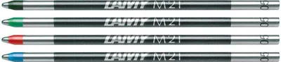 Four Lamy M21 ballpoint pen refills in different colors are lined up horizontally against a white background.