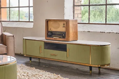 Produktbild von KAWOLA Lowboard MARIA TV-Bank Marmorplatte Kunstleder olivgrün
