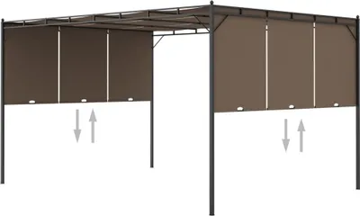 A brown garden gazebo with side curtains, shown from a front-side angle on a white background.