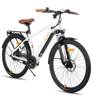 Produktbild von Hiland 26 Zoll 250W Elektro-Mountainbike, 36V 7.8Ah Akku, Elektrofahrrad für Männer Frauen mit Lampe, Gepäckträger, Stoßdämpfende Vorderradgabel, Weiß