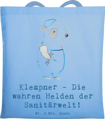 Produktbild von Mr. & Mrs. Panda Einkaufstasche Klempner Helden - Sky Blue - Geschenk, Berufsgestaltung, Jutebeutel, Tragetasche, Installateur, der Sanitärwelt, Sanitärtechnik, Tasche